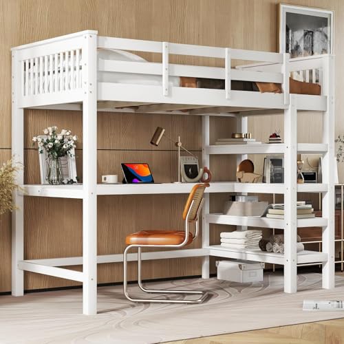 KOMHTOM Lit en Mezzanine en Bois avec Compartiments de Rangement, Cadre de Lit avec Bureau sous Le...