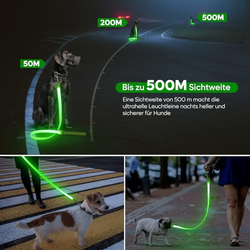 ChalkLit LED Hundeleine, Beleuchtete Hundeleine über USB Wiederaufladbar, 1,2 m, Weich Wasserdicht Reflektierend, für nächtliche Spaziergänge für große, mittelgroße Haustiere blinkende