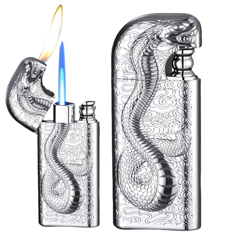 2 mecheros de tormenta, encendedor de tormenta, llama jet, mechero personalizado, cabeza de serpiente, mechero de tormenta de gas rellenable, sin gas (plateado)
