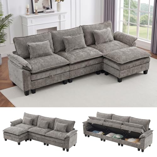 Image of IPKIG 117 inch Modular Cloud Couch with Storage, L Shaped Sectional Sofa with Ottoman & Pillow, Chenille Deep Seat Sectional Couches for Living Room, Apartment, Grey
