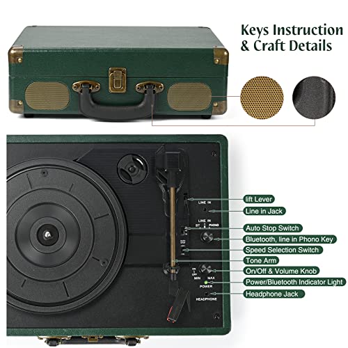 Image of Vinyl Record Player 3-Speed Bluetooth Suitcase Portable Belt-Driven Record Player with Built-in Speakers RCA Line Out AUX in Headphone Jack Vintage Turntable Dark Green