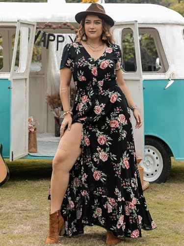 Image of SGF11 Floral Summer Dresses for Women 2026 Design Boho V Neck Short Sleeve Slit Maxi Dress Wear Casual