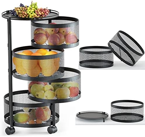 HOYRR Rotating storage rack for kitchen,Fruit Basket Rotating,Fruit Vegetable Kitchen Storage storage rack,Potatoes Storage Baskets with Wheels,Fruit Basket Stainless Steel Metal Material（4+1 Layer）