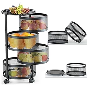 HOYRR Panier à fruits rotatif pour cuisine, étagère de rangement ronde rotative multicouche, étagère de rangement pour fruits et légumes avec roulettes et matériau métallique en acier inoxydable