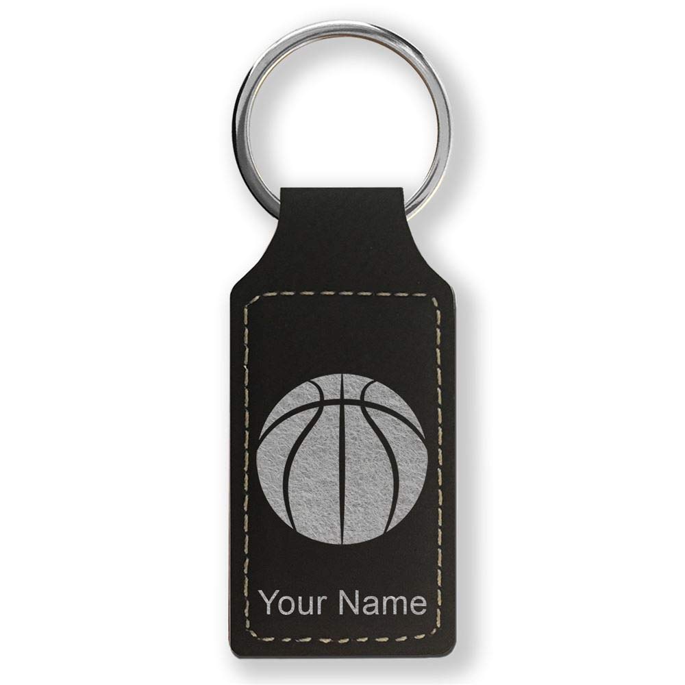 LaserGram Rectangle Keychain, Basketball Ball, Personalized Engraving Included (Black with Silver)