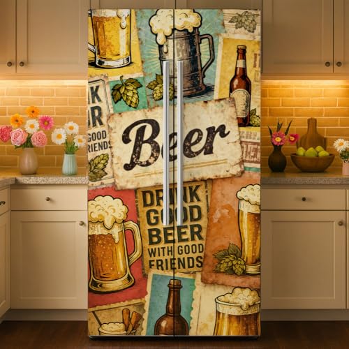 GOMAKERER 2 autocollant Amovible pour Réfrigérateur à Motif de Bière Vintage Autocollant Mural en Vinyle pour Porte de Réfrigérateur Congélateur pour la...