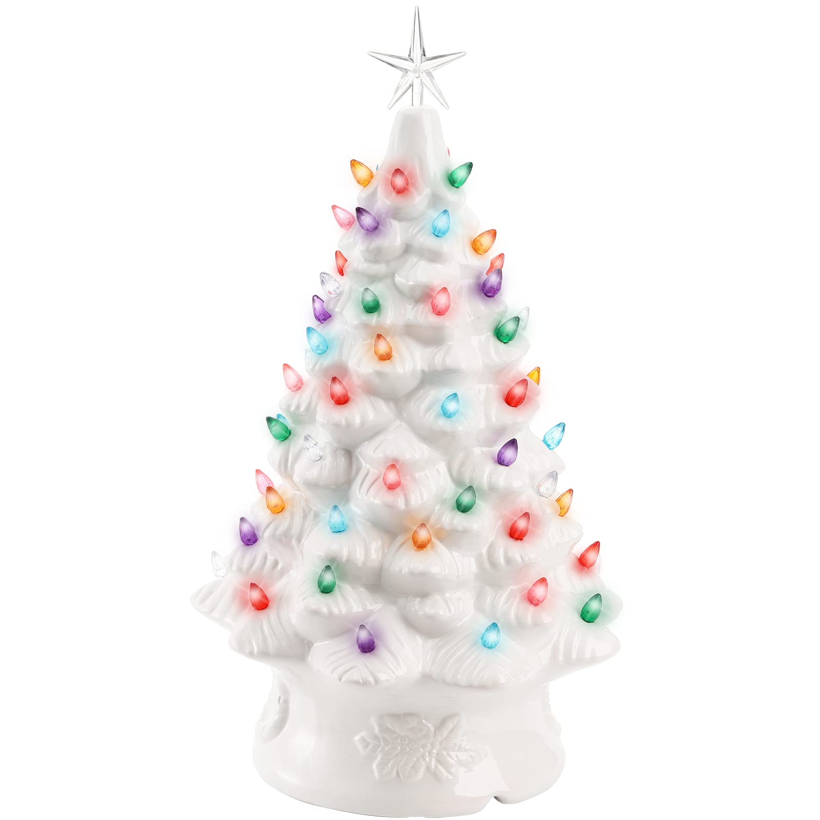 Peohud 18 Inch Ceramic Christmas Tree, Hand-Painted Tabletop Tree, Battery Powered Xmas Decor Tree with Stars and Multicolored Lights