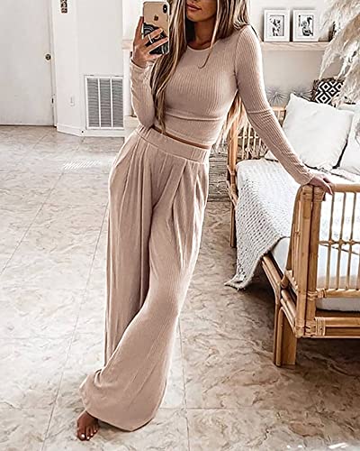 Image of BTFBM Women's Two Piece Lounge Set Long Sleeve Bodycon Ribbed Knit Crop Top Loose Wide Leg Pant Casual Outfits Sweatsuit