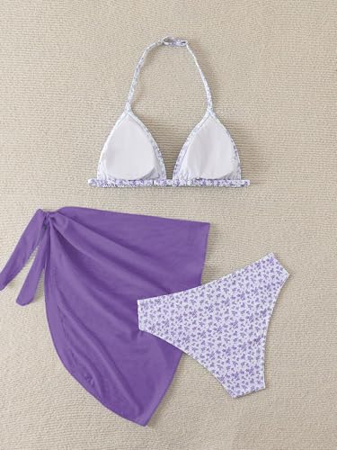 Image of SOLY HUX Girl's Summer Swimsuit Set Floral Halter Triangle Bikini Set with Wrap Skirts Beachwear