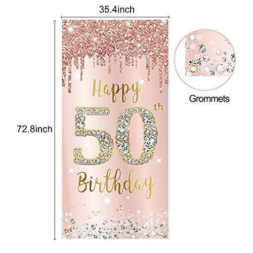 Image of Happy 50th Birthday Door Banner Decorations for Women, Pink Rose Gold 50 Birthday Party Door Cover Sign Backdrop Supplies, Fifty Year Old Birthday Poster Background Photo Booth Props Decor