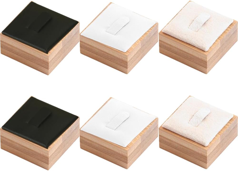 Square Bamboo Rings Display Stand 1 Slots Soft Velvet Cover Mini Jewelry Ring Holder Organizer Jewelry Display Holder Trays for Drawer Storage Decoration (6pcs, Mix Colors)