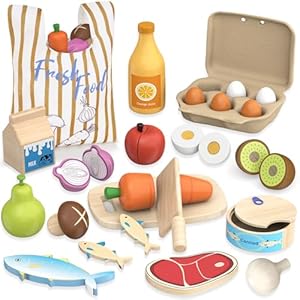Kinderküche Zubehör Holz, Spielküche Zubehör, Obst und Gemüse Schneide Spielzeug Lebensmittel Holzspielzeug mit Tasche, Rollenspiel Lernspielzeug Jungen Mädchen ab 3 Jahre