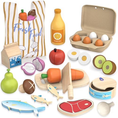 Accessoire Cuisine Dinette Enfant - Jouets en Bois Fruits et Légumes à Découper, Jeu de Éducatif Montessori Cuisine Jeux Nourriture Cadeaux de Noël Originaux...