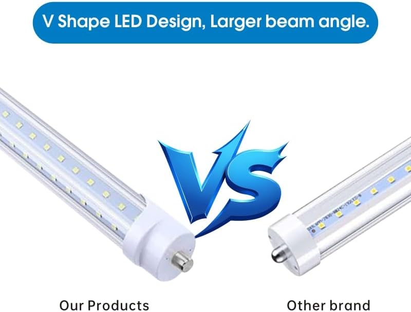 T8 8FT LED Tube Light, 8 Foot T8 V Shaped Single Pin FA8 Base, Ballast Bypass 270° 50W 6750LM, 6500K Cool White, Clear PC Cover (Replace 150W LED Flourescent Bulbs) Dual - Ended Power AC100-277V 4PACK