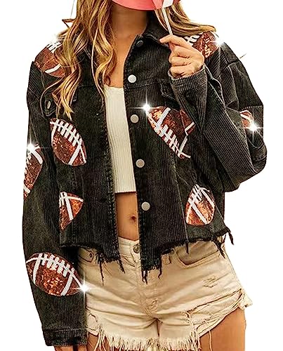 CHARTOU Women Vintage Distressed Cropped Corduroy Jacket Oversized Frayed Rugby Sequin Short Shacket Jacket