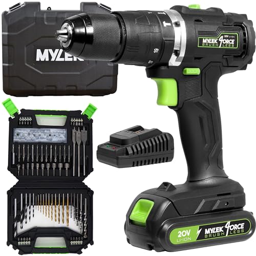 Mylek Cordless Drill 20V Brushless Driver Impact Hammer Action Combi, 2.0Ah Battery and Fast Charger, 50Nm, Screwdriver, 19+3 Torque, Variable Speed, Metal Chuck, Case with Accessory Kit (128 Piece)