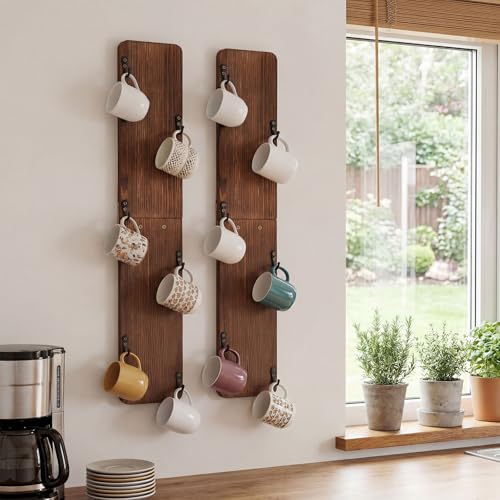 Singhoow 2 Pack Coffee Mug Holder Rack Hanger Wall Mounted 6 Hook Solid Wood Cup Holder Display Shelf Storage Organizer for Homes Bars Kitchen Wall Cabinet
