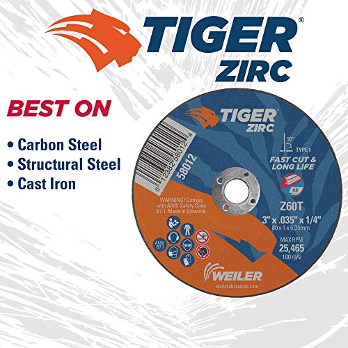 Image of Weiler 58012 3-Inch Cutting Wheel, Tiger Zirc Metal Fast Cut & Long Life, High Performance Cutting, 0.035 inch Z60T Type 1 1 /4 inch Arbor (Pack of 100)
