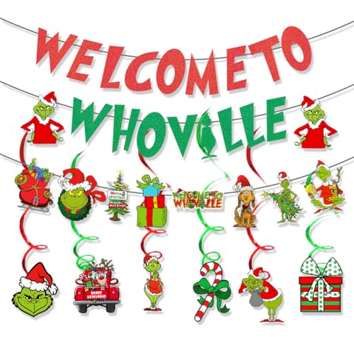 ZKTSRY Grinchs Christmas Decorations Kit, Red Green Grinchs Whoville Christmas Decorations,Hanging Swirls Party Decorations Christmas Vacation Holiday Birthday Party Decorations