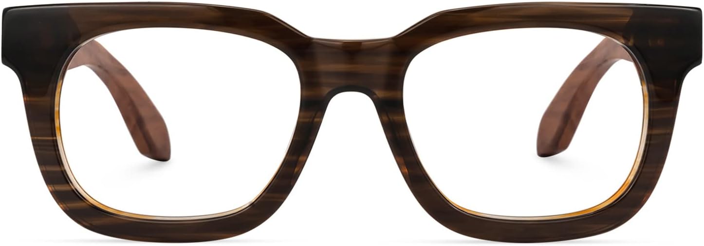 Zeelool Retro Thick Rectangle Wood Arm Eyeglasses Frame for Men Non-prescription Clear Lens Sam FP0432-03 Brown