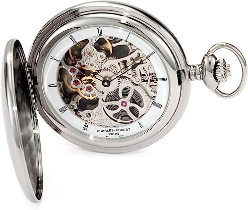 Charles Hubert 3905-W Men's Pocket Watch, Mechanical Hand Winding, Skeleton, Silver