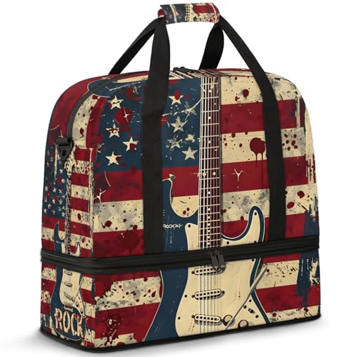 Large Weekender Overnight Bags Abstract Guitar American Flag Travel Duffel Bag for Women Men Gym Bag With Shoe Compartment Foldie Travel Tote Bag Carry On Personal Item Bag for Travel Gym Sports