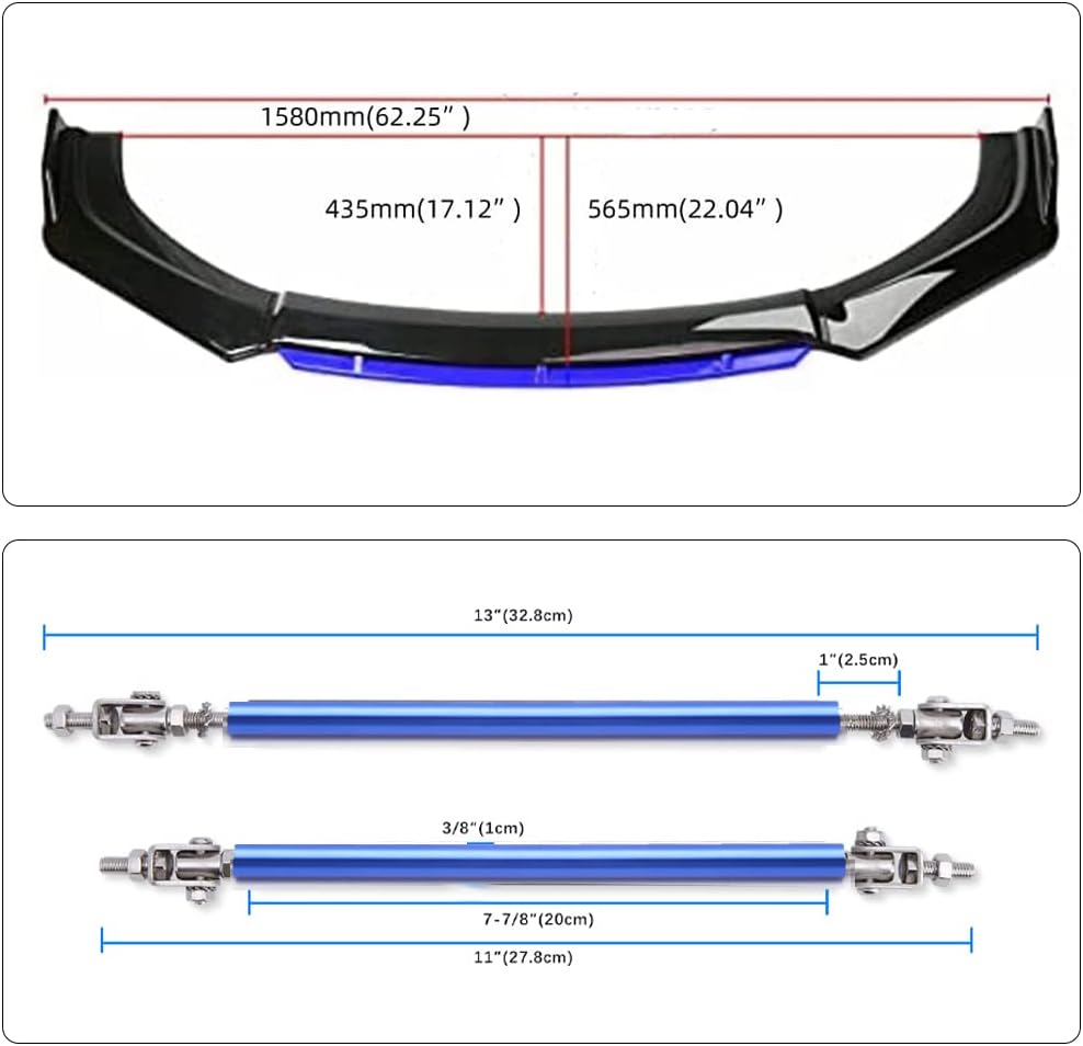 Universal Front Bumper Lip Body Kit, Glossy Black &Blue ABS Front Spoiler Front Bumper Lip Splitter Body Kit with 11”-13“ Blue Strut Rods