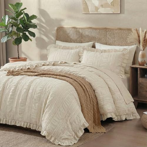 MOVE OVER Beige Comforter Set Queen Boho Comforter Set 3 Pieces Beige Ruffle Comforter Sets for Queen Bed Soft Microfiber Textured Design Seersucker Bedding Set with 2 Boho Pillow Shams