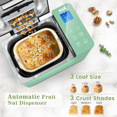Image of KBS 710W Convection Bread Maker Dual Heaters,2.2LB Bread Machine with Healthy Ceramic Pan&Auto Fruit Dispenser,17-in-1 Bread Maker Machine Gluten Free,Stainless Steel 15H Timer&Keep Warm, Touch Panel