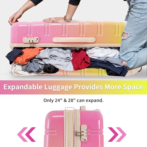 HABITRIO 3 Piece Luggage Sets, Hardshell Gradient Color Expandable Suitcase, with Spinner Wheels and TSA Lock, Lightweight and durable, 20" 24" 28", Pink+Green4