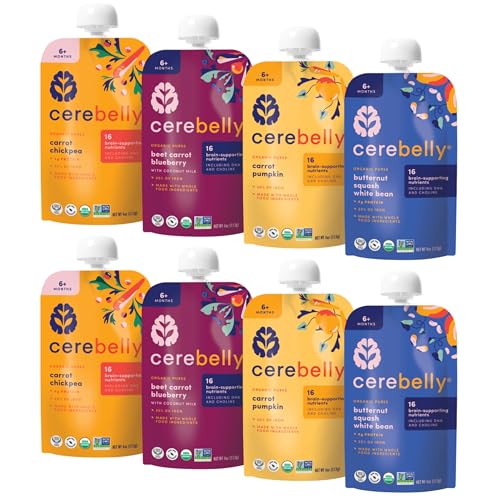 Image of Cerebelly Organic Baby Food Pouches, Hearty Veggie Purees, 16 Nutrients, No Added Sugar, Non-GMO, Toddler Snacks, 4 Flavors, 4oz, 8 Pack