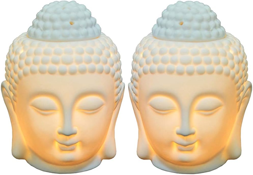Moylor Buddha Head Essential Oil Diffuser Set of 2, Buddha Aromatherapy Diffuser Ceramic Candle Holder Incense Burner (White)