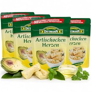 Feinkost Dittmann Artischockenherzen 125g – 4er Pack – Zarte Artischocken in Kräutermarinade & Olivenöl – Aromatische Antipasti, ideal für Salate, Pizza, Pasta & mediterrane Gerichte – Verzehrfertig