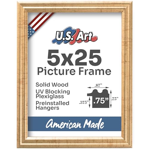 Antique Gold 5x25 Picture Frame .75" Inch Wide - Gold Wall Decor Handmade Solid Wood Frames with Preinstalled Hangers and UV Blocking Plexiglass 25x5 Frame