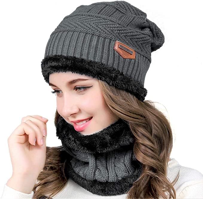 Winter Woolen Beanie Cap and Neck Warmer Scarf Set for Men & Women | Soft Fleece Lined Knitted Hat & Scarf Combo for Cold Weather (Grey)-image-34