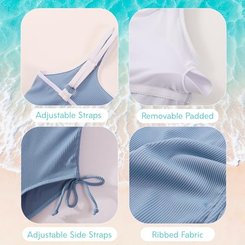 Image of Weixinbuy Girls Swimsuit Ribbed Bathing Suit for Girls Adjustable Strap Color Block Summer Beach One Piece Swimsuit