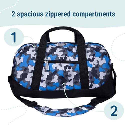 Image of Wildkin Kids Overnighter Duffel Bag - Carry-On Travel Bag for School & Sleepovers, Lightweight, Durable, Boys & Girls Ages 4-15 - Blue Camo