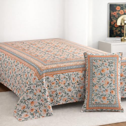 Image of elanorhomes 100% Cotton 240 TC Single Bed Sheet Set | Floral Hand Printed Bedsheet with Pillow Cover | Soft Breathable Summer Fabric for Bedroom | 60x90 Inches (Garden)