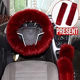 Forala 1 Set 5 Pcs Car Steering Wheel Cover & Handbrake Cover & Gear Shift Cover Set & Seat Belt Shoulder Pads Faux Wool Warm Winter (Wine Red) (Wine Red)