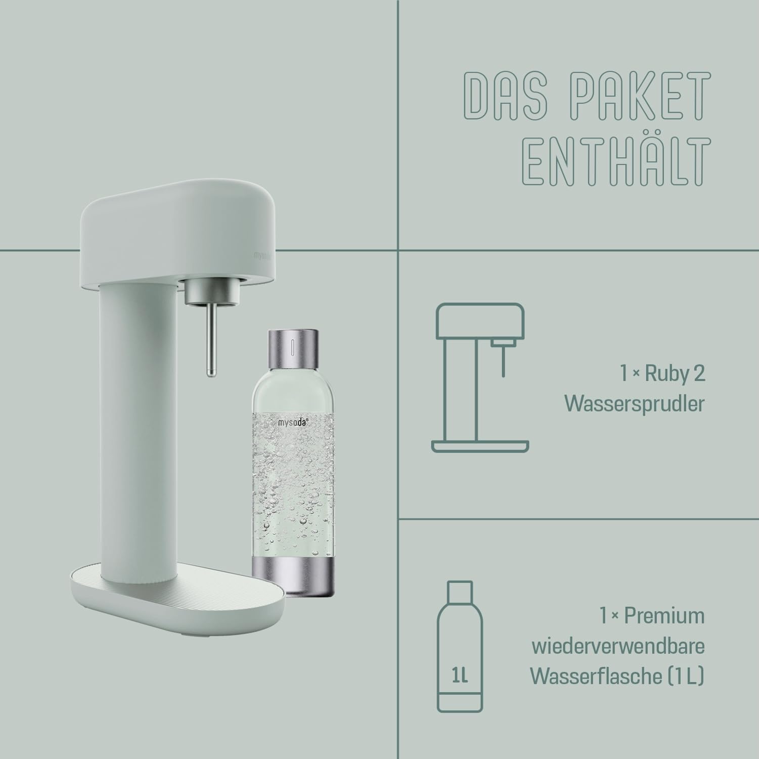 Mysoda: Stilvoller Ruby 2 Wassersprudler aus robustem Aluminium (ohne CO2-Zylinder) mit hochwertiger 1-Liter-Wasserflasche in Premiumdesign - Salbeigrün (Pigeon)