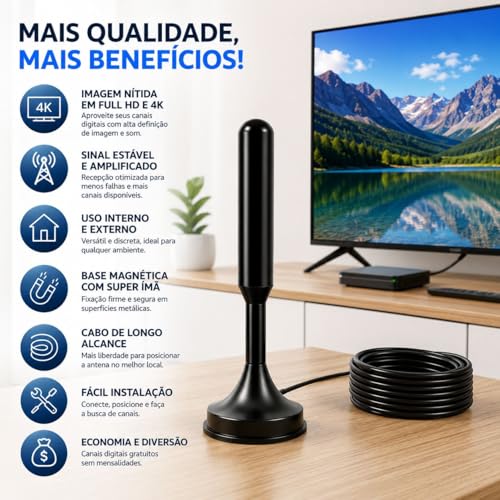Antena TV Digital Amplificada Interna e Externa HDTV UHF VHF, Base Magnética com Super Ímã, Cabo de Longo Alcance, Compatível