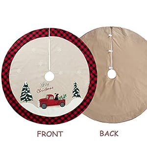 XAMSHOR 32 Inches Burlap Christmas Tree Skirt with Red and Black Plaid Border Embroidered Tree Skirt Decor for Xmas Decorations XAMSHOR 32 Inches Burlap Christmas Tree Skirt with Red and Black Plaid Border Embroidered Tree Skirt Decor for Xmas Decorations