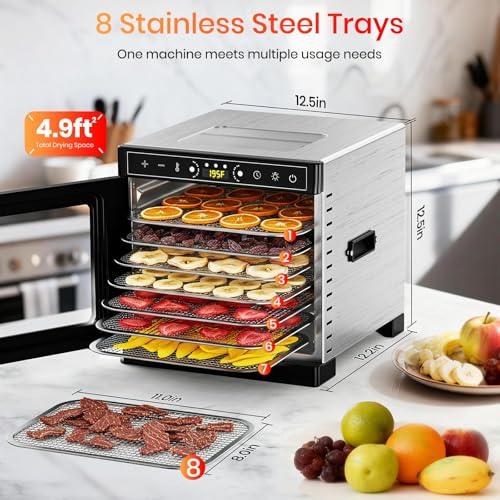 Food Dehydrator, 8 Stainless Steel Trays 400W Food Dryer with Visible Skylight and Built-in Lighting, 195°F Dehydrated Dryer 24H Time Control for Jerky, Pet Treats, Herbs, Meat, Fruit and Yogurt by Prenafla - Image 6