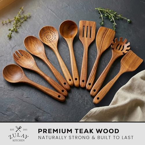Image of Zulay Kitchen 9-Piece Teak Wood Cooking Utensil Set - Non-Toxic & Non-Stick Safe Wooden Spoons & Kitchen Tools with Comfortable Grip, Smooth Finish Natural Teak - Perfect Kitchen Gift Set