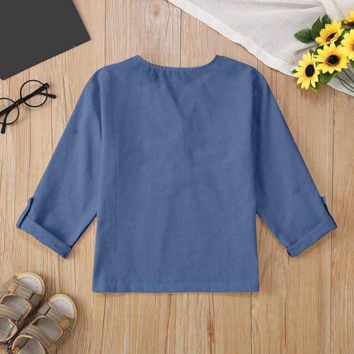 Girls Cotton Linen Short Sleeve Henley Shirts Casual Flowy Loose Fit Dressy Tops Basic Button up Trendy Kids Teens Blouses2