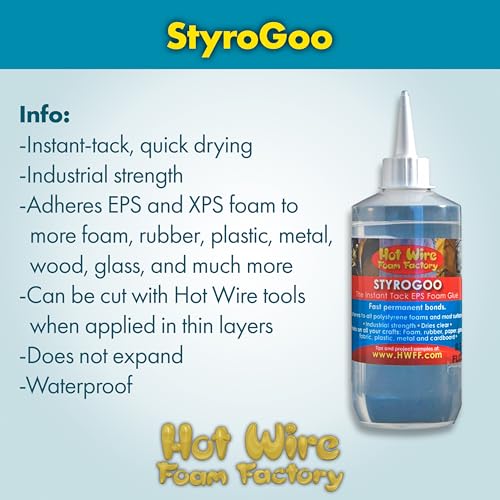 Hot Wire Foam Factory StyroGoo Instant-Tack Foam-Safe Glue, Bonds EPS, XPS Foam to Wood, Metal, Glass, Rubber, Case of (6) 3.4oz Jars