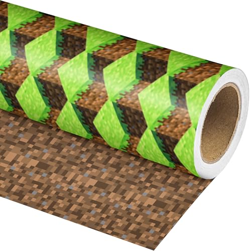 lopmou Reversible Pixel Miner Style Wrapping Paper for Boys Kids - Mini Roll - Video Game Gift Wrap for Birthday Party Game Lover DIY Craft (Total 28.5 sq.ft)