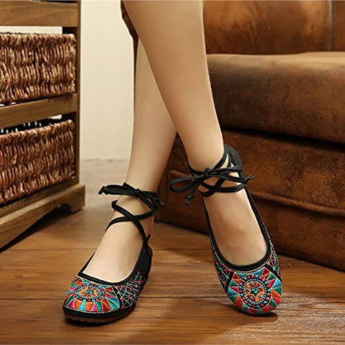 Fashion Casual Ethnic Retro Style Women's Plum Flower Embroidery Soft Sole Flat Shoes Old Peking National Cloth Shoe (Color : Black Size : Code 37) (Black Code 36)2