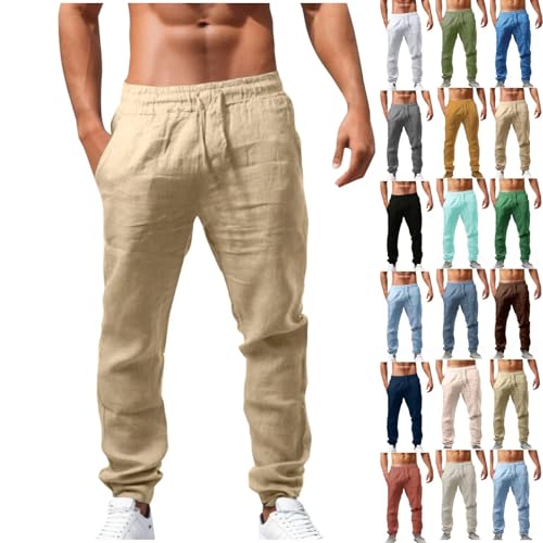 Grau Leinenhose Herren Lang Casual Sommerhose Leichte und Luftige Strandhose Bequeme Freizeithose Leinen Baggy Hose Männer Niedrige Taille mit...