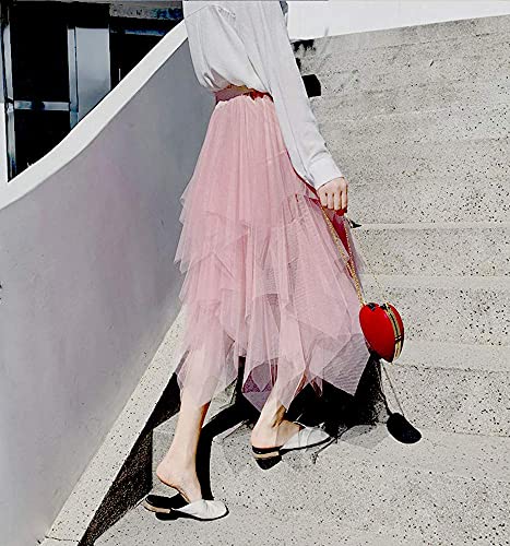 Lbkkc Women's Tulle Skirt Formal High Low Asymmetrical Midi Tea-Length Elastic Waist Flowy Skirt Nude Pink #TOP2